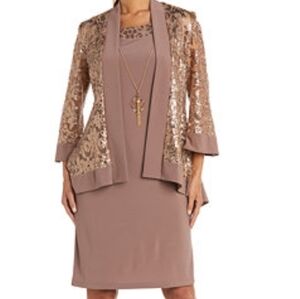 NWT R&M Richards Petite 2 Piece Cocktail Set In Tan With Rose Gold Accents